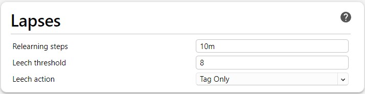 A screenshot of the Anki deck options showing the Lapses section of settings.